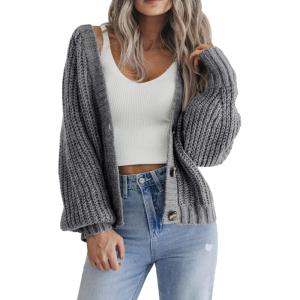 imageZeagoo Womens 2025 Fall Chunky Knit Cardigans Open Front Long Sleeve V Neck Button Loose Cardigan SweatersGrey