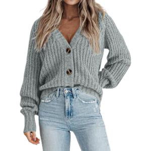 imageZeagoo Womens 2025 Fall Chunky Knit Cardigans Open Front Long Sleeve V Neck Button Loose Cardigan SweatersLight Green