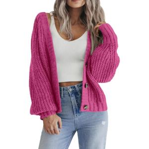 imageZeagoo Womens 2025 Fall Chunky Knit Cardigans Open Front Long Sleeve V Neck Button Loose Cardigan SweatersRose
