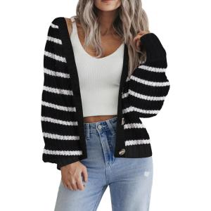 imageZeagoo Womens 2025 Fall Chunky Knit Cardigans Open Front Long Sleeve V Neck Button Loose Cardigan SweatersStripes Black