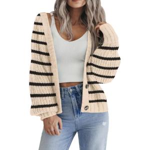 imageZeagoo Womens 2025 Fall Chunky Knit Cardigans Open Front Long Sleeve V Neck Button Loose Cardigan SweatersStripes Khaki