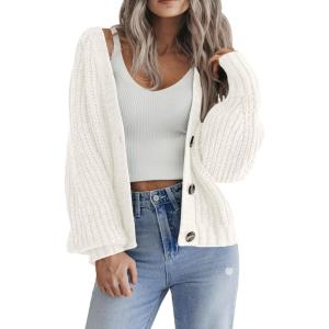 imageZeagoo Womens 2025 Fall Chunky Knit Cardigans Open Front Long Sleeve V Neck Button Loose Cardigan SweatersWhite