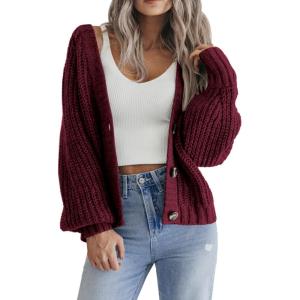 imageZeagoo Womens 2025 Fall Chunky Knit Cardigans Open Front Long Sleeve V Neck Button Loose Cardigan SweatersWine Red