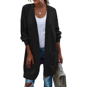 imageZeagoo Womens 2025 Fall Open Front Cardigan Long Batwing Sleeve Chunky Knit Sweater Loose Outerwear Coats with PocketsBlack