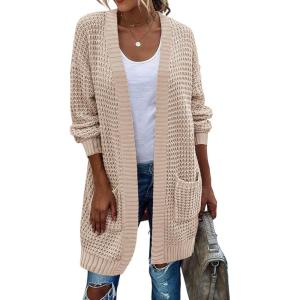 imageZeagoo Womens 2025 Fall Open Front Cardigan Long Batwing Sleeve Chunky Knit Sweater Loose Outerwear Coats with PocketsLightkhaki