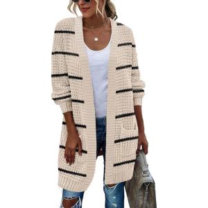 imageZeagoo Womens 2025 Fall Open Front Cardigan Long Batwing Sleeve Chunky Knit Sweater Loose Outerwear Coats with PocketsStripes Apricot