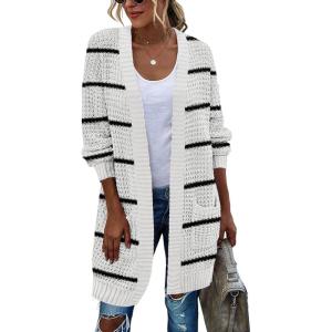 imageZeagoo Womens 2025 Fall Open Front Cardigan Long Batwing Sleeve Chunky Knit Sweater Loose Outerwear Coats with PocketsStripes White