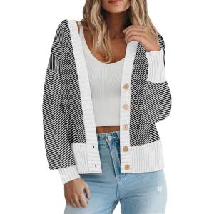 imageZeagoo Womens Cardigan 2024 Fall Winter Open Front Oversized Button V Neck Loose Soft Knit SweaterBlack Stripe