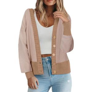 imageZeagoo Womens Cardigan 2024 Fall Winter Open Front Oversized Button V Neck Loose Soft Knit SweaterKhaki Stripe