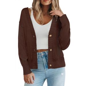 imageZeagoo Womens Cropped Cardigan 2025 Fall Button Sweaters V Neck Long Sleeve Cardigans Knit OutwearBrown