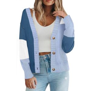 imageZeagoo Womens Cropped Cardigan 2025 Fall Button Sweaters V Neck Long Sleeve Cardigans Knit OutwearColorblockblue