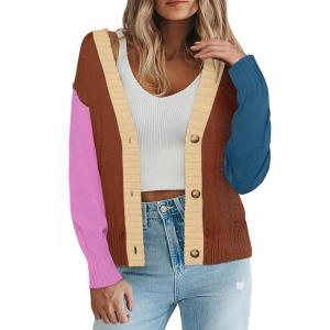 imageZeagoo Womens Cropped Cardigan 2025 Fall Button Sweaters V Neck Long Sleeve Cardigans Knit OutwearColorblockbrown