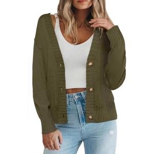 imageZeagoo Womens Cropped Cardigan 2025 Fall Button Sweaters V Neck Long Sleeve Cardigans Knit OutwearGreen
