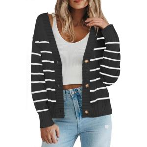 imageZeagoo Womens Cropped Cardigan 2025 Fall Button Sweaters V Neck Long Sleeve Cardigans Knit OutwearStripes Black