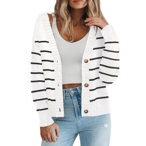 imageZeagoo Womens Cropped Cardigan 2025 Fall Button Sweaters V Neck Long Sleeve Cardigans Knit OutwearStripes White