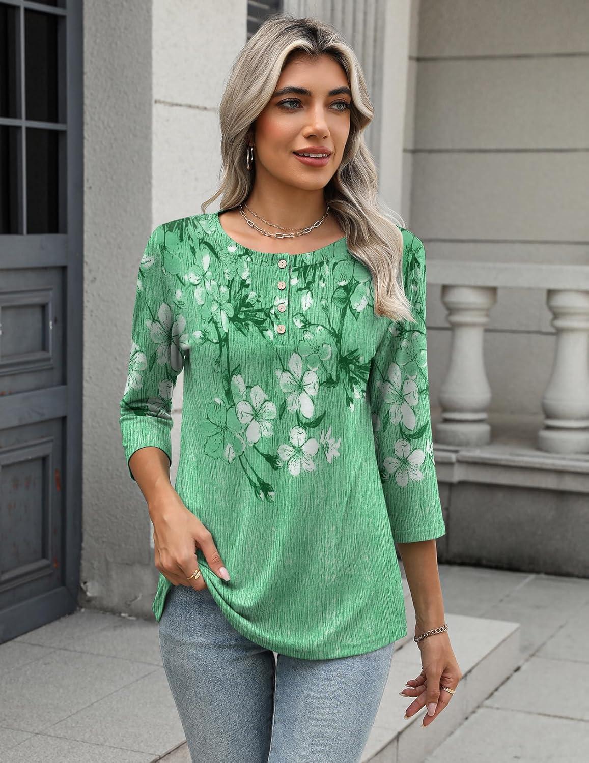 imageZeagoo 34 Length Sleeve Women Tops Crew Neck Blouses Dressy Casual Summer T Shirts Loose Fit Business Work ClothesBf180green Flower