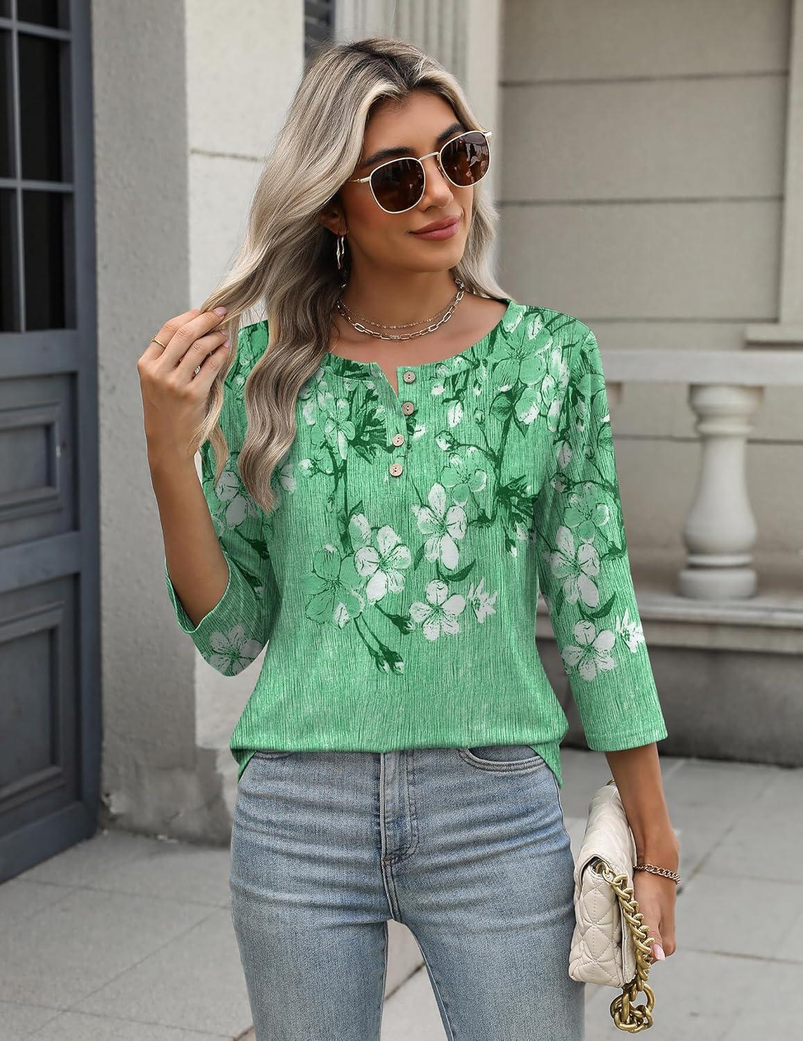 imageZeagoo 34 Length Sleeve Women Tops Crew Neck Blouses Dressy Casual Summer T Shirts Loose Fit Business Work ClothesBf180green Flower