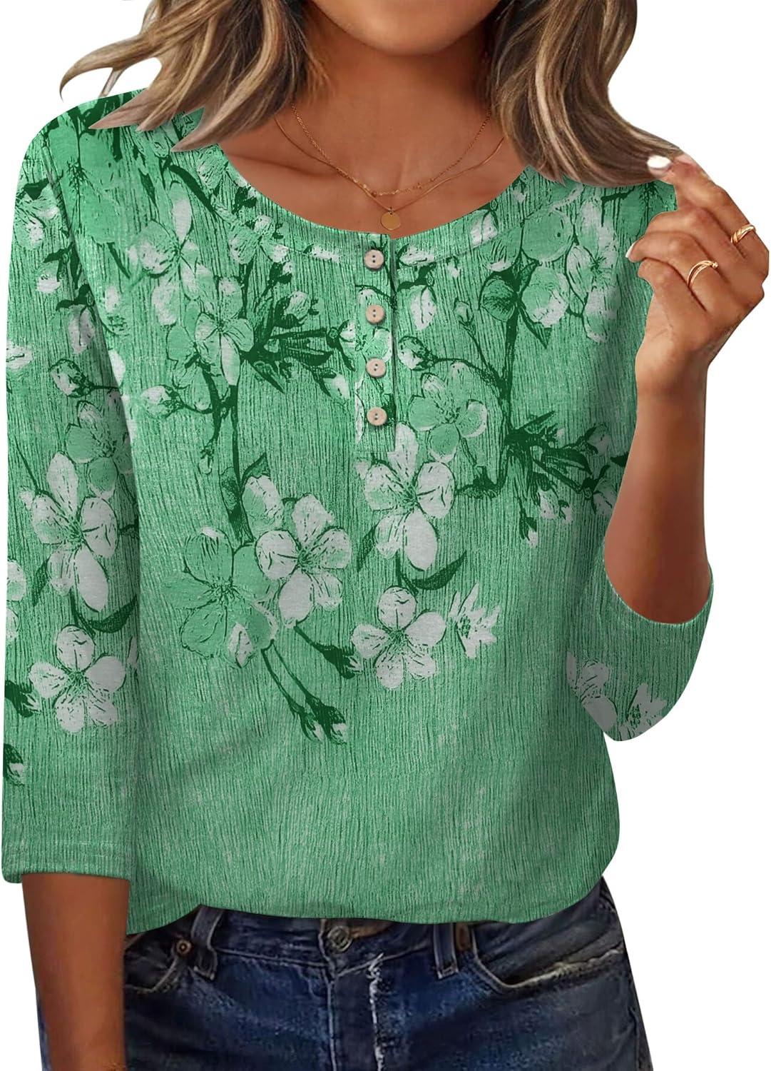 imageZeagoo 34 Length Sleeve Women Tops Crew Neck Blouses Dressy Casual Summer T Shirts Loose Fit Business Work ClothesBf180green Flower