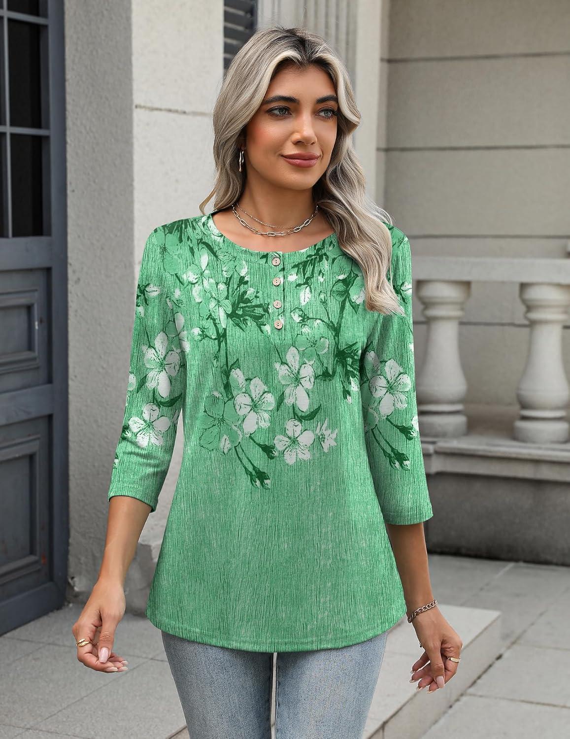 imageZeagoo 34 Length Sleeve Women Tops Crew Neck Blouses Dressy Casual Summer T Shirts Loose Fit Business Work ClothesBf180green Flower