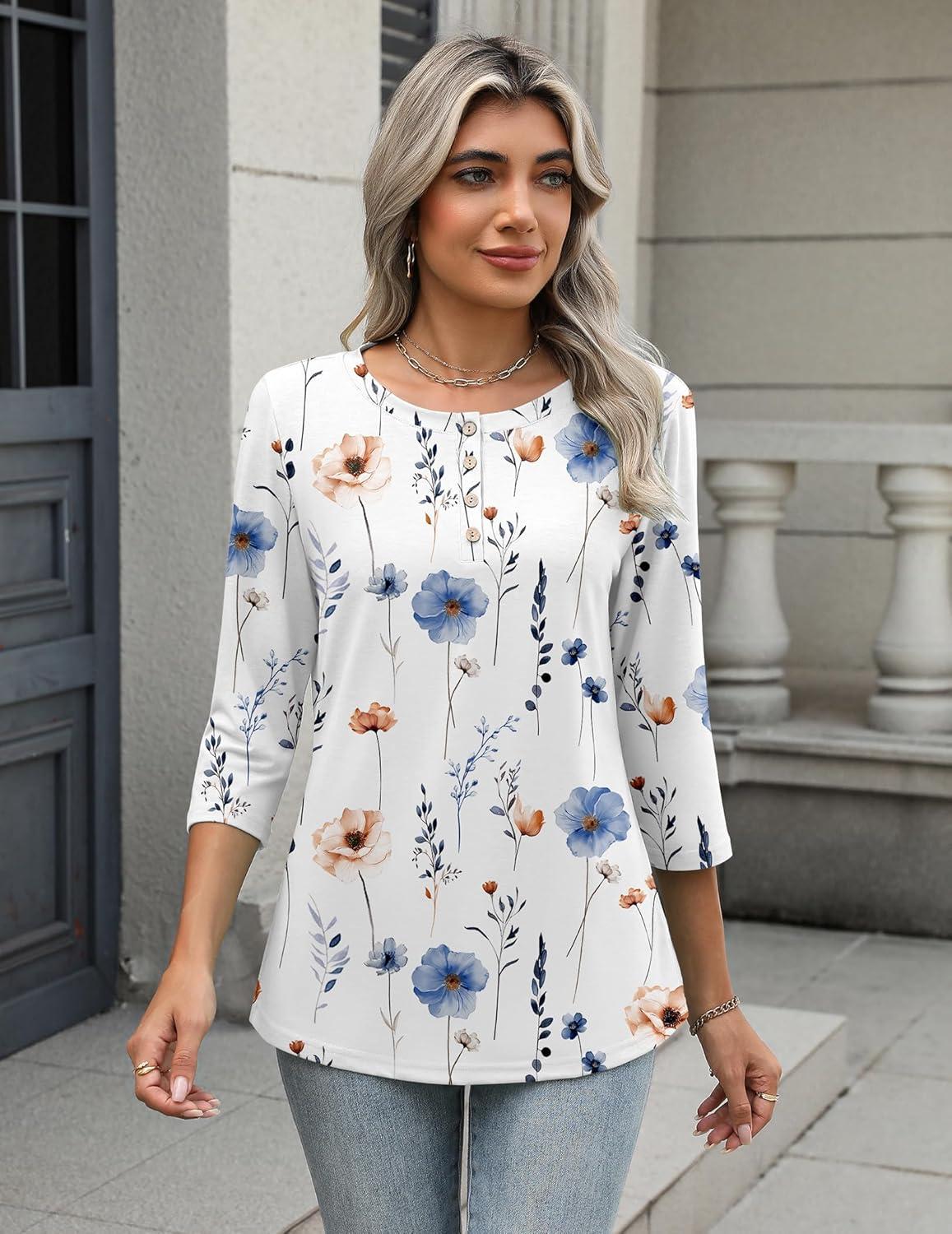 imageZeagoo 34 Length Sleeve Women Tops Crew Neck Blouses Dressy Casual Summer T Shirts Loose Fit Business Work ClothesBf290white Flower