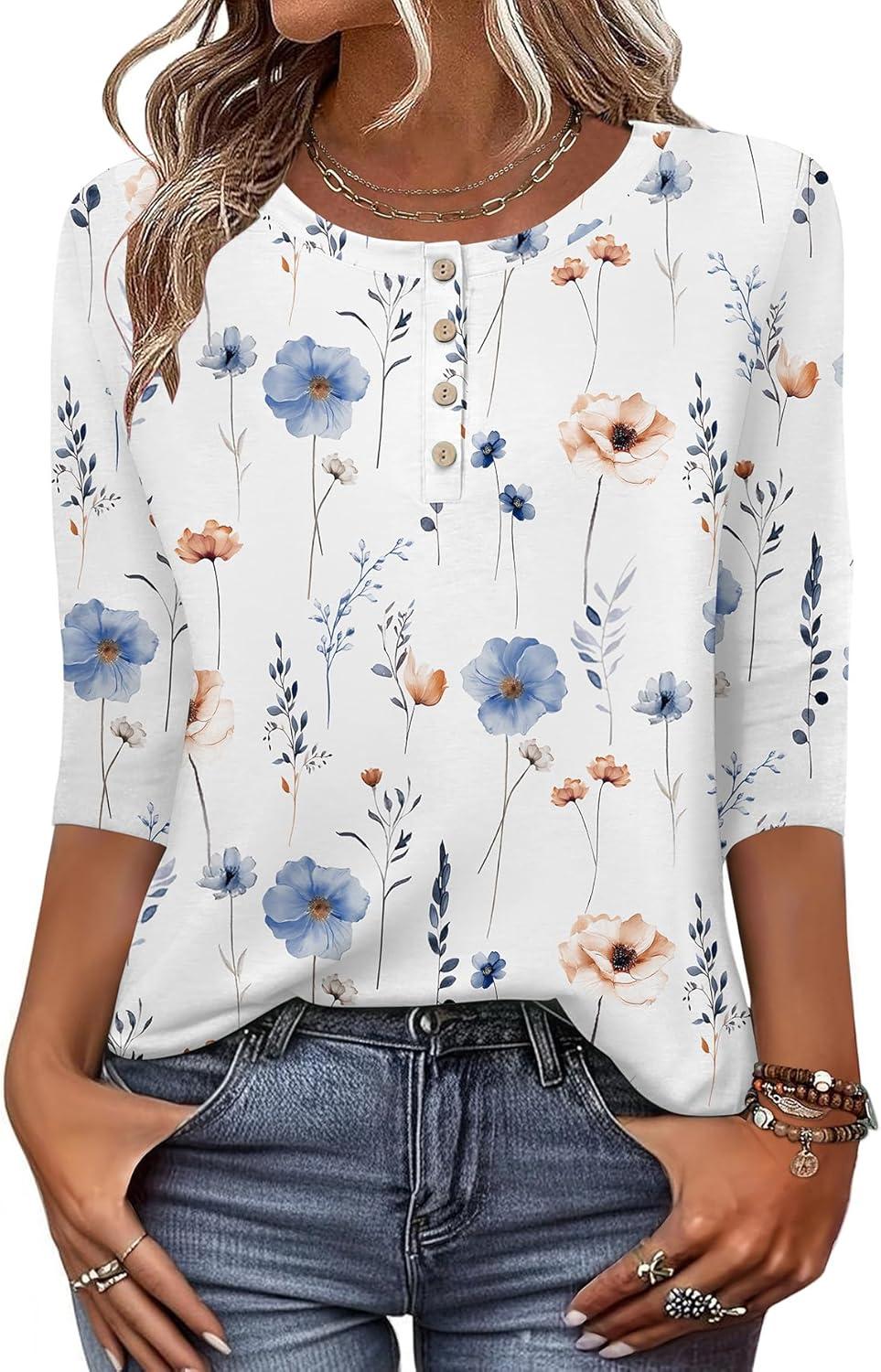imageZeagoo 34 Length Sleeve Women Tops Crew Neck Blouses Dressy Casual Summer T Shirts Loose Fit Business Work ClothesBf290white Flower