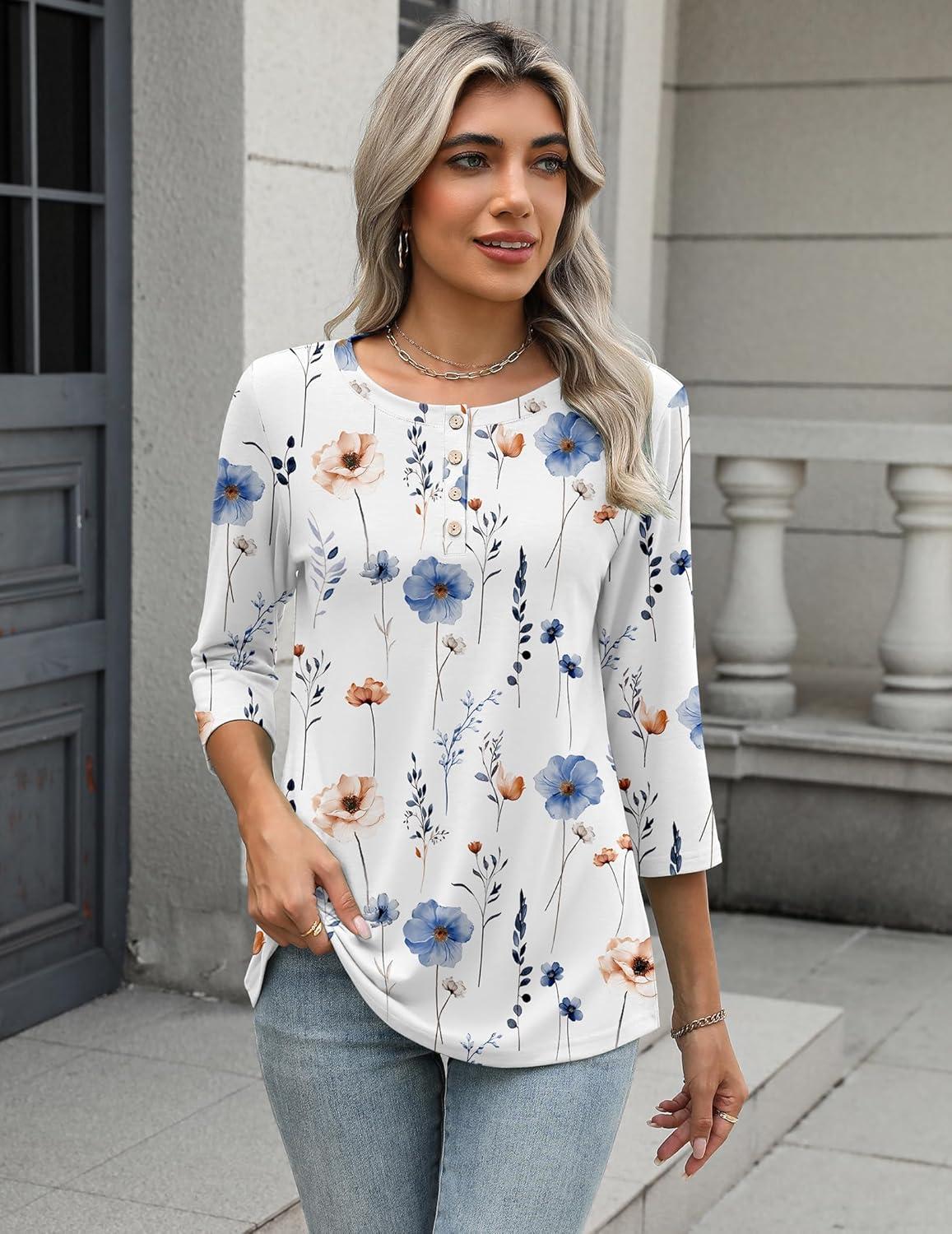 imageZeagoo 34 Length Sleeve Women Tops Crew Neck Blouses Dressy Casual Summer T Shirts Loose Fit Business Work ClothesBf290white Flower
