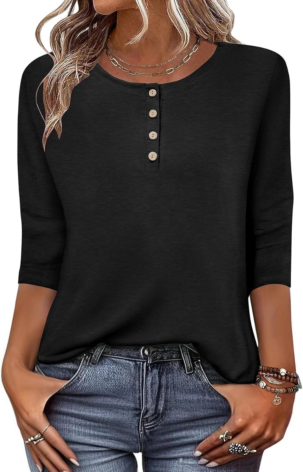 imageZeagoo 34 Length Sleeve Women Tops Crew Neck Blouses Dressy Casual Summer T Shirts Loose Fit Business Work ClothesBlack