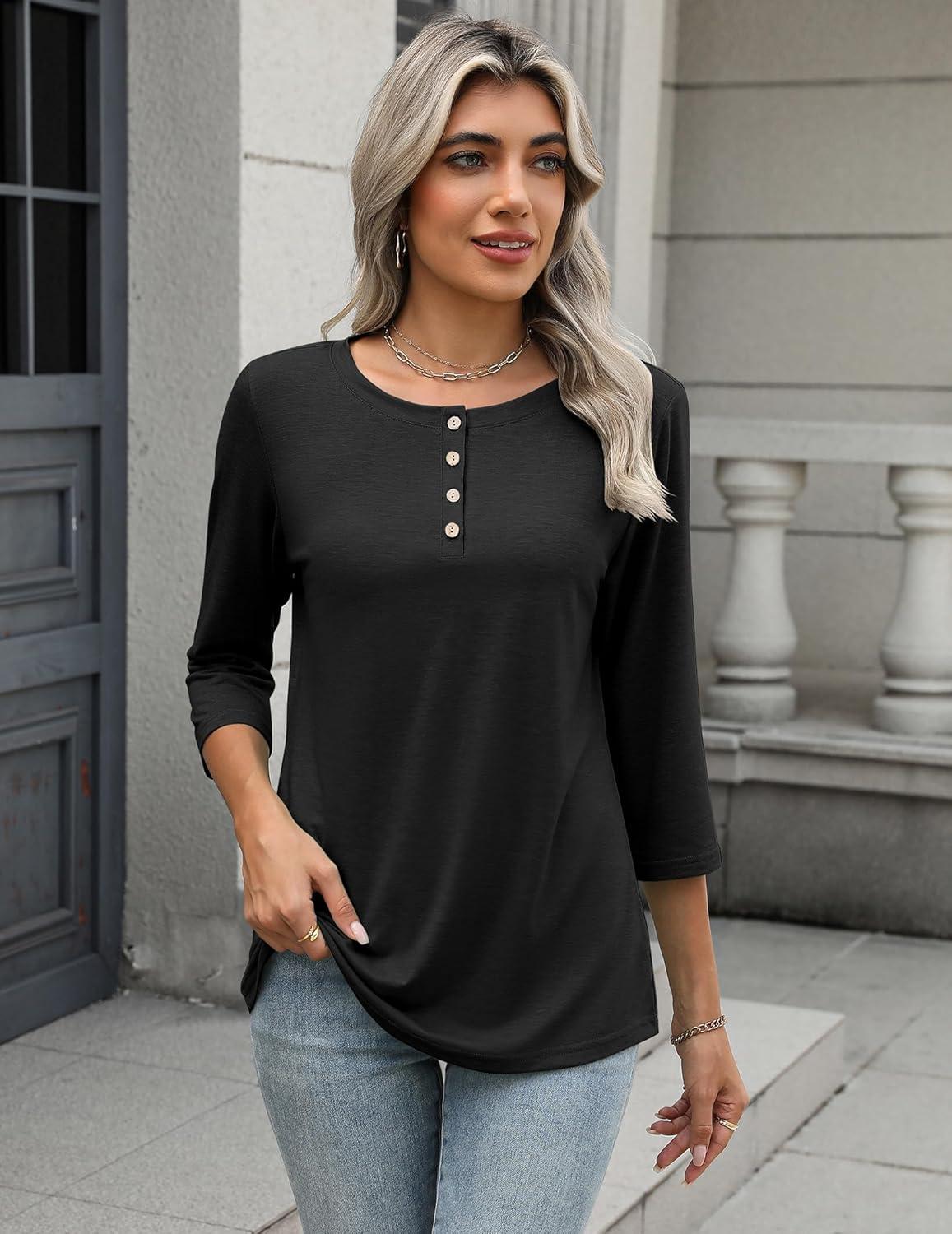 imageZeagoo 34 Length Sleeve Women Tops Crew Neck Blouses Dressy Casual Summer T Shirts Loose Fit Business Work ClothesBlack