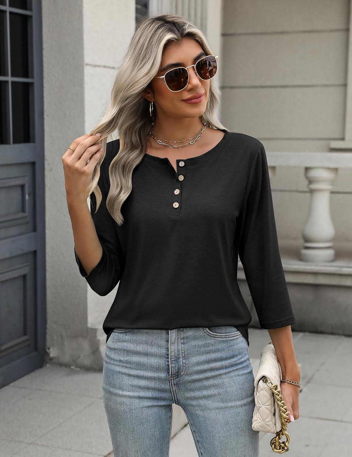 imageZeagoo 34 Length Sleeve Women Tops Crew Neck Blouses Dressy Casual Summer T Shirts Loose Fit Business Work ClothesBlack
