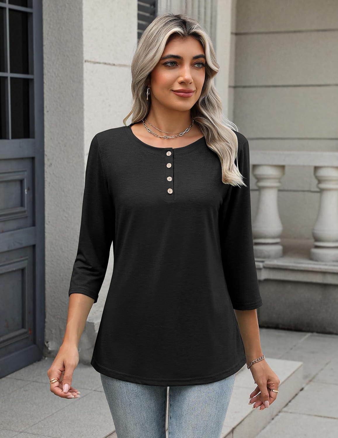imageZeagoo 34 Length Sleeve Women Tops Crew Neck Blouses Dressy Casual Summer T Shirts Loose Fit Business Work ClothesBlack