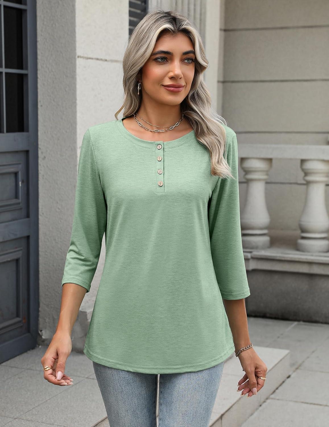 imageZeagoo 34 Length Sleeve Women Tops Crew Neck Blouses Dressy Casual Summer T Shirts Loose Fit Business Work ClothesLight Green
