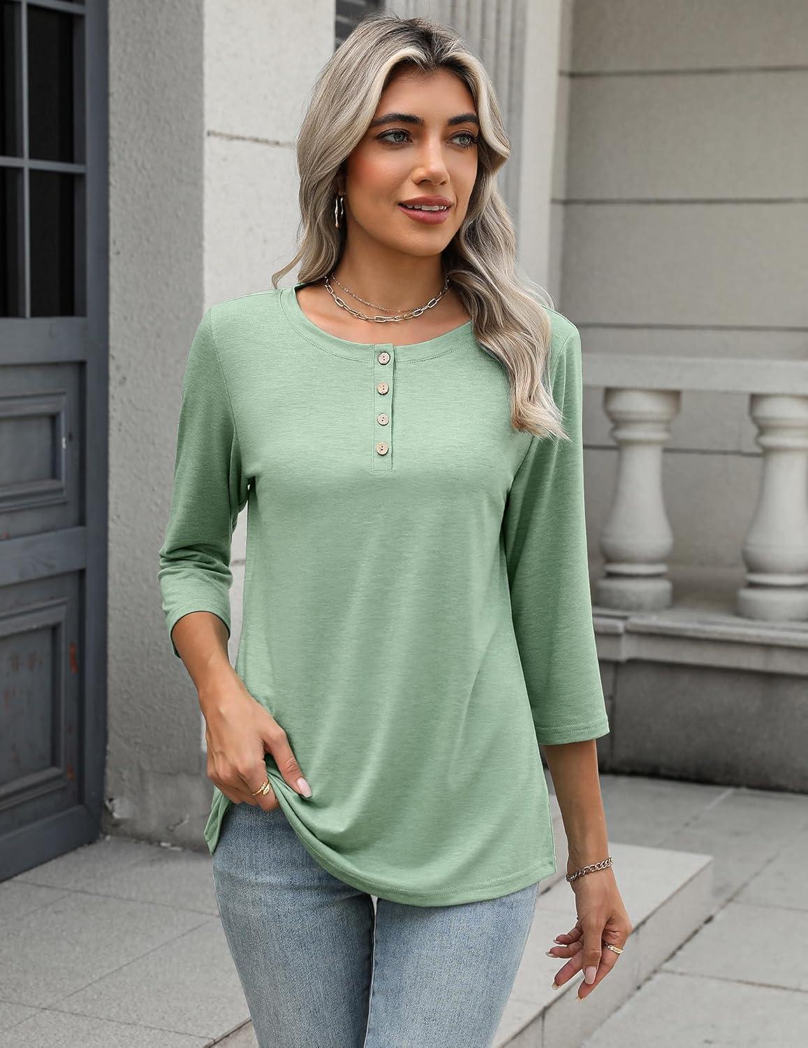 imageZeagoo 34 Length Sleeve Women Tops Crew Neck Blouses Dressy Casual Summer T Shirts Loose Fit Business Work ClothesLight Green