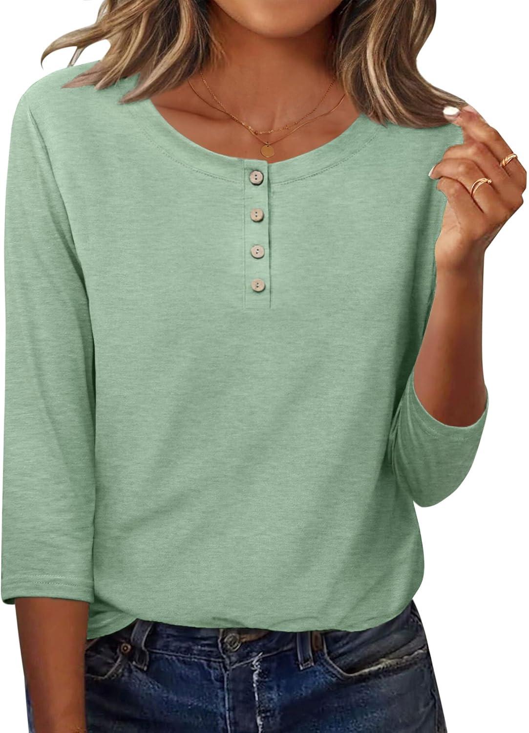 imageZeagoo 34 Length Sleeve Women Tops Crew Neck Blouses Dressy Casual Summer T Shirts Loose Fit Business Work ClothesLight Green