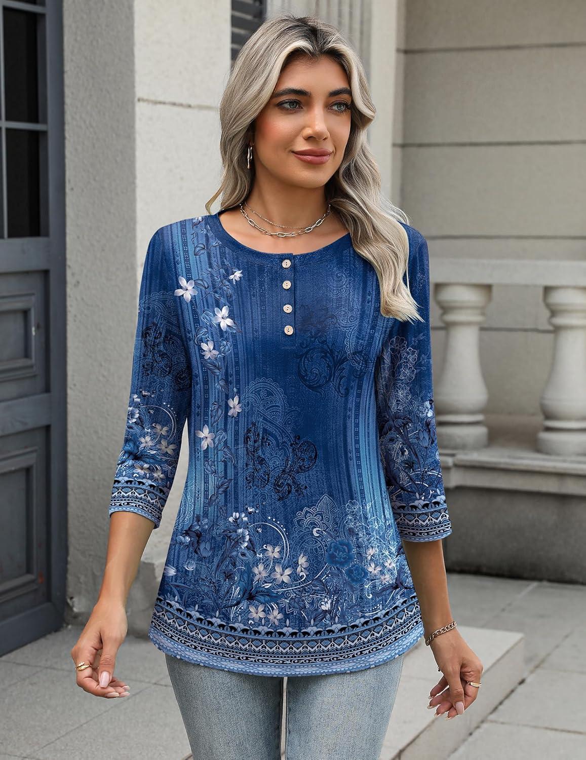 imageZeagoo 34 Length Sleeve Women Tops Crew Neck Blouses Dressy Casual Summer T Shirts Loose Fit Business Work ClothesMz712blue
