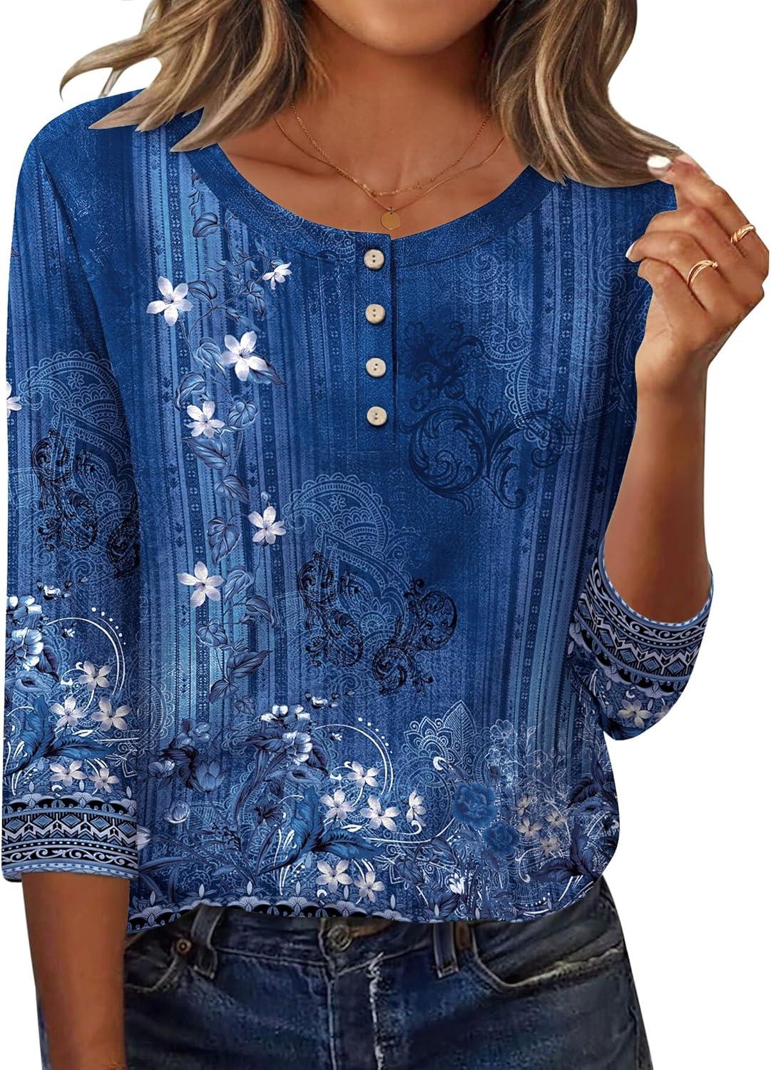 imageZeagoo 34 Length Sleeve Women Tops Crew Neck Blouses Dressy Casual Summer T Shirts Loose Fit Business Work ClothesMz712blue