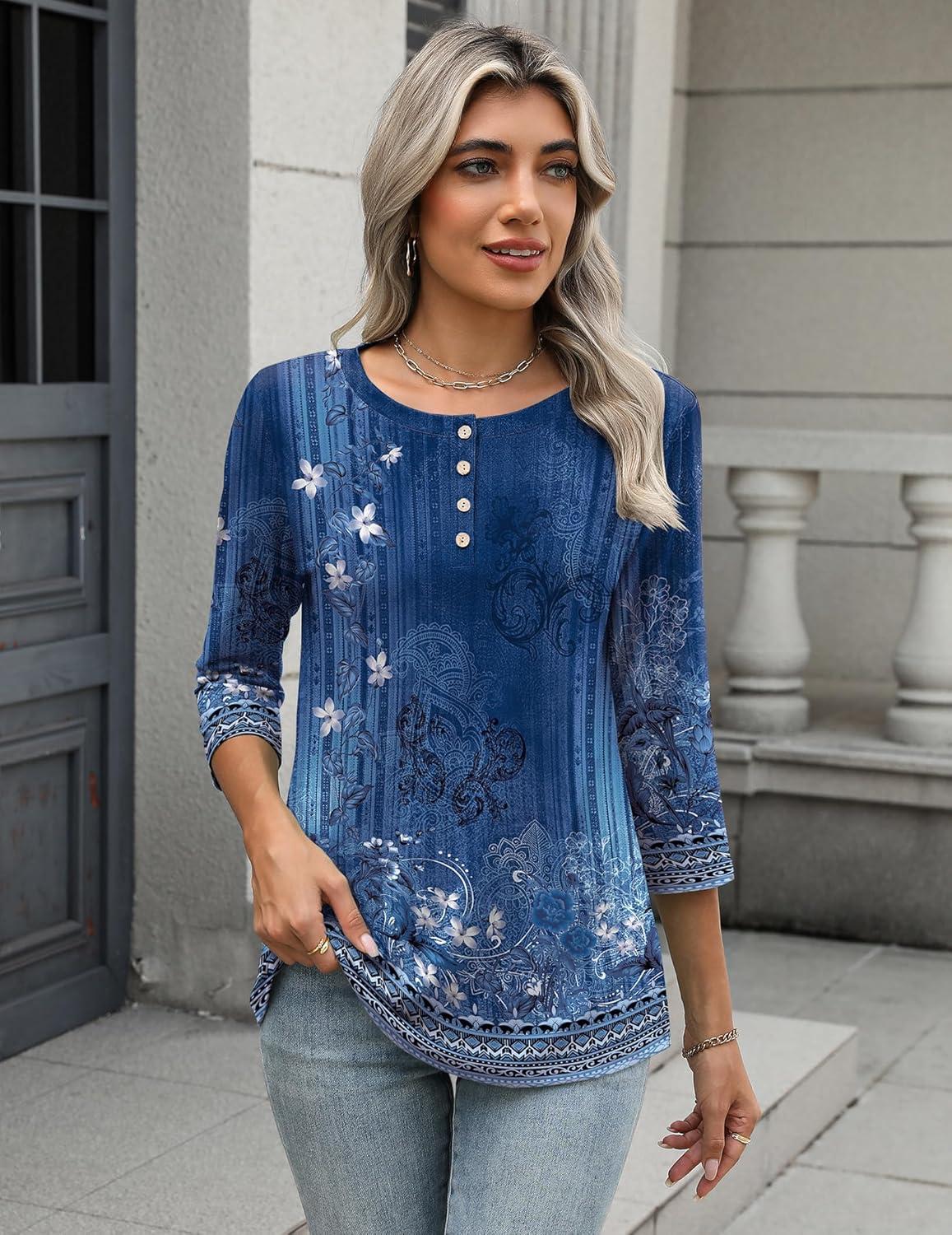 imageZeagoo 34 Length Sleeve Women Tops Crew Neck Blouses Dressy Casual Summer T Shirts Loose Fit Business Work ClothesMz712blue