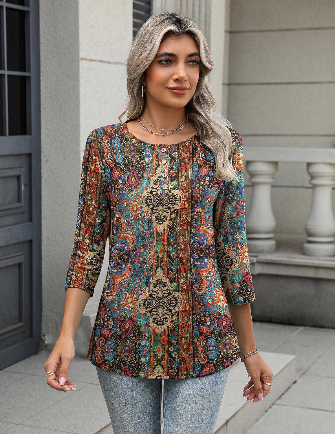 imageZeagoo 34 Length Sleeve Women Tops Crew Neck Blouses Dressy Casual Summer T Shirts Loose Fit Business Work ClothesMz721