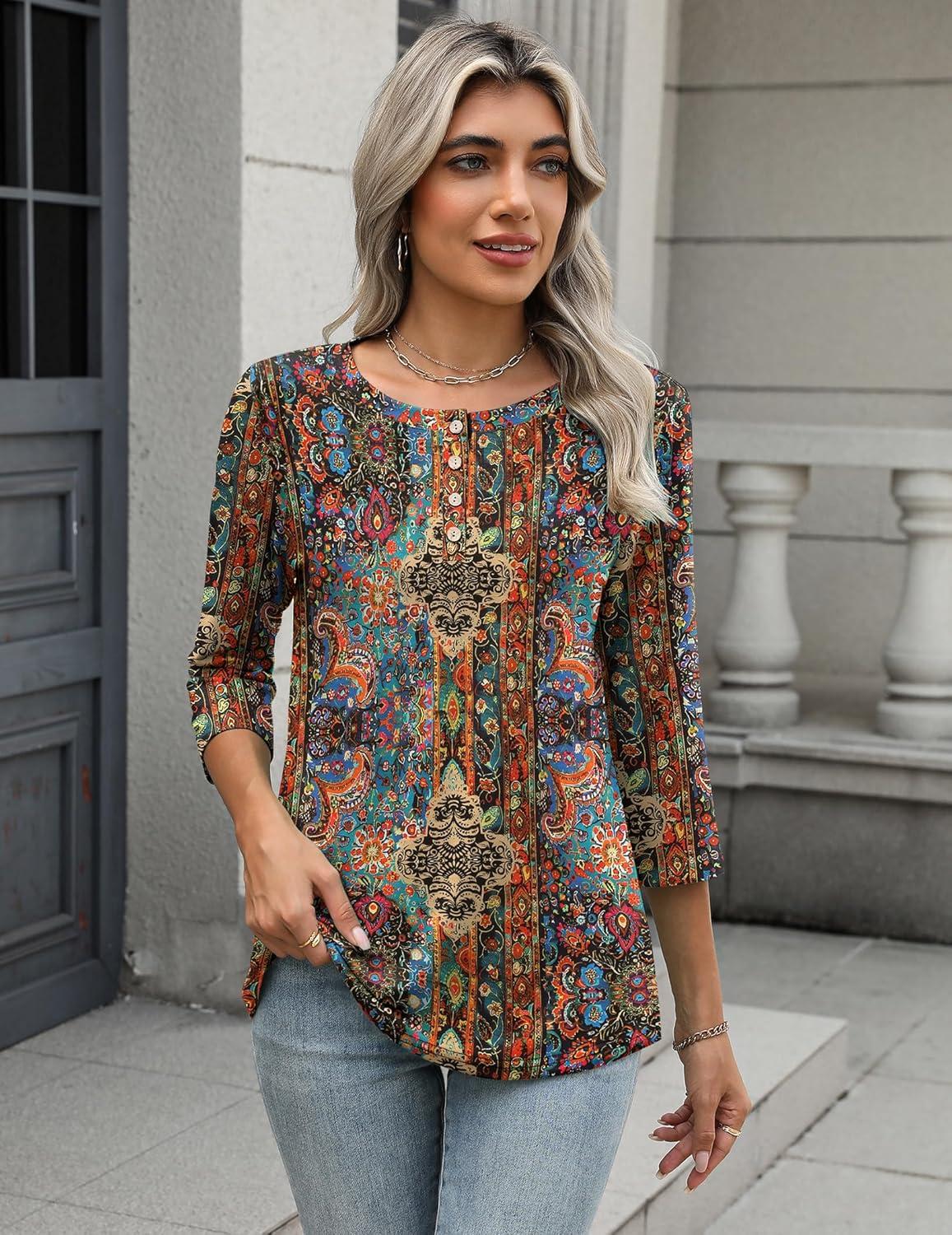 imageZeagoo 34 Length Sleeve Women Tops Crew Neck Blouses Dressy Casual Summer T Shirts Loose Fit Business Work ClothesMz721