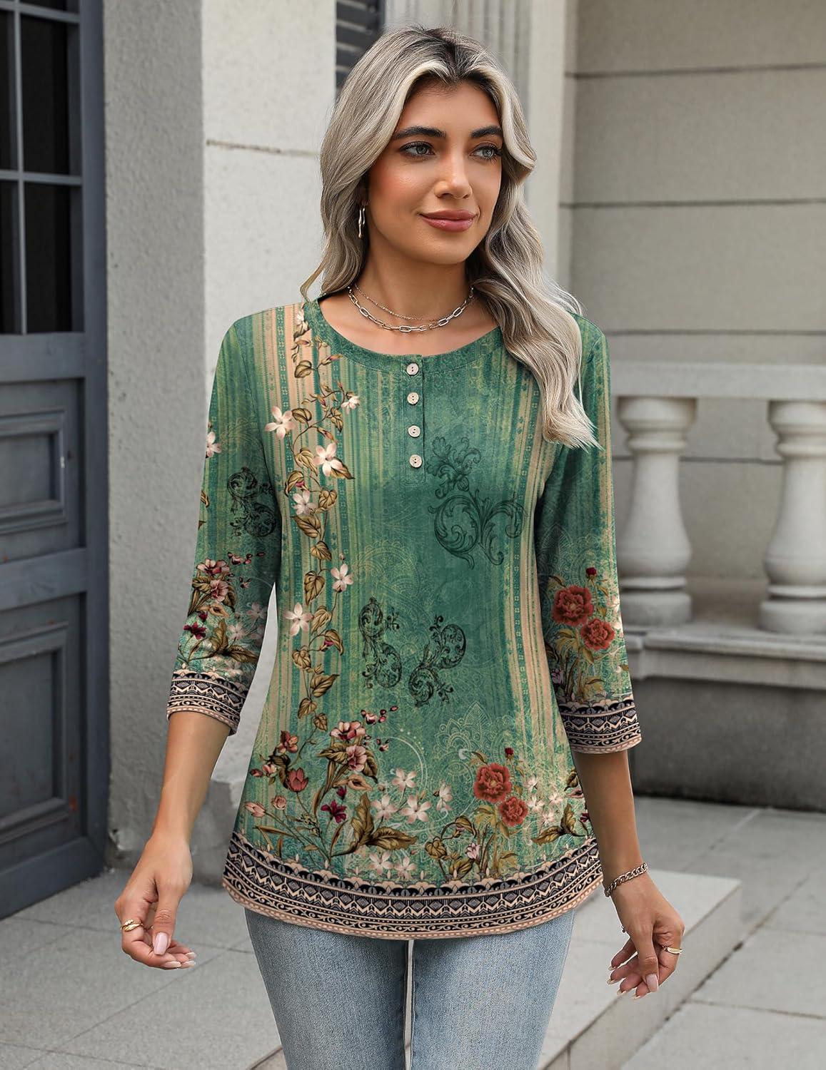 imageZeagoo 34 Length Sleeve Women Tops Crew Neck Blouses Dressy Casual Summer T Shirts Loose Fit Business Work ClothesMz808green