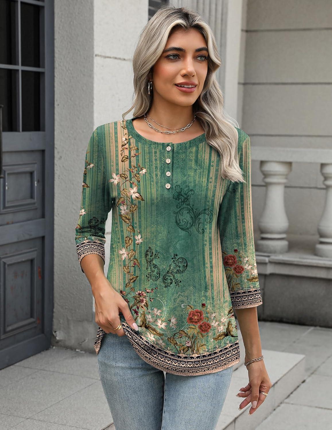 imageZeagoo 34 Length Sleeve Women Tops Crew Neck Blouses Dressy Casual Summer T Shirts Loose Fit Business Work ClothesMz808green