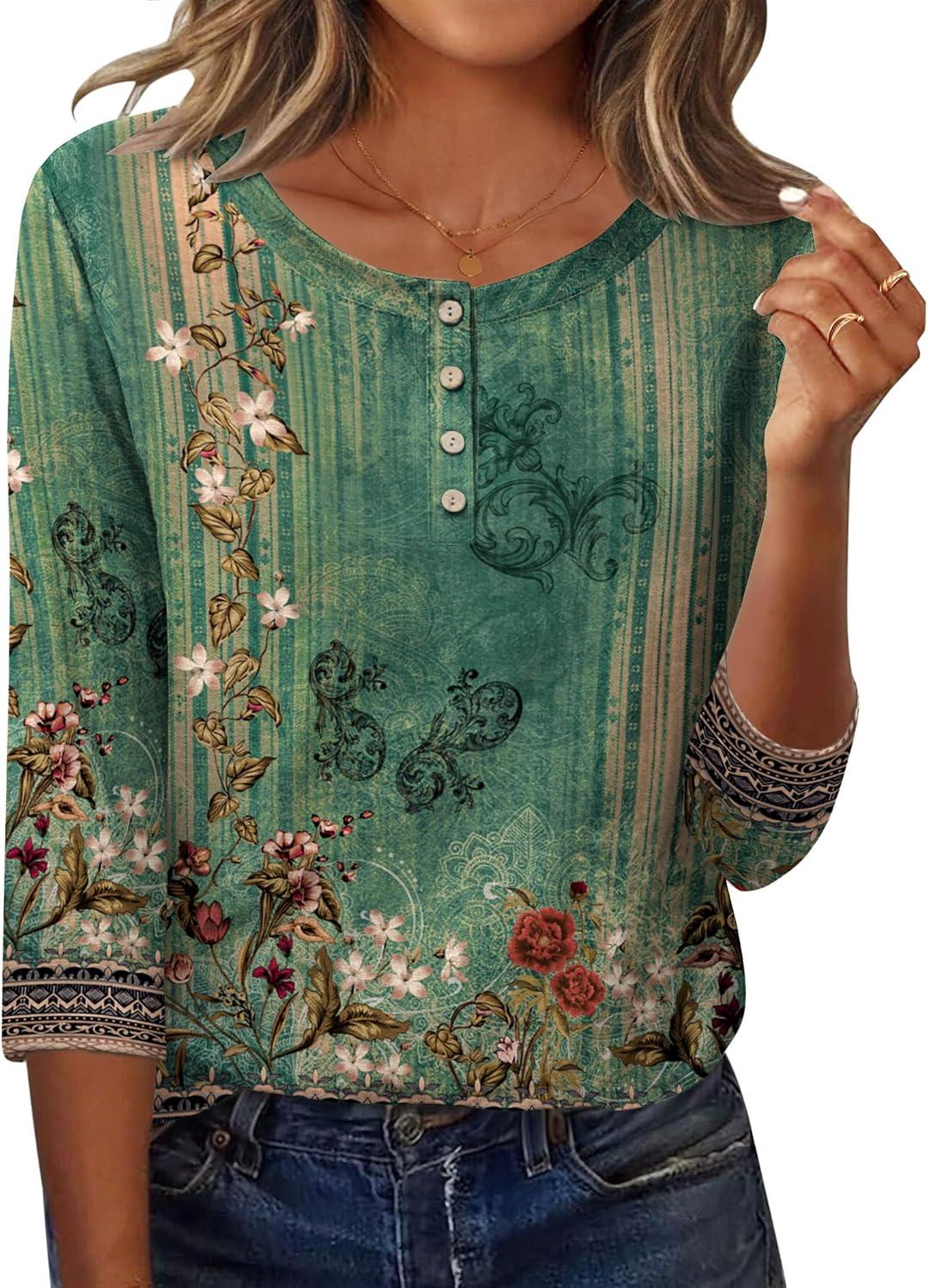 imageZeagoo 34 Length Sleeve Women Tops Crew Neck Blouses Dressy Casual Summer T Shirts Loose Fit Business Work ClothesMz808green