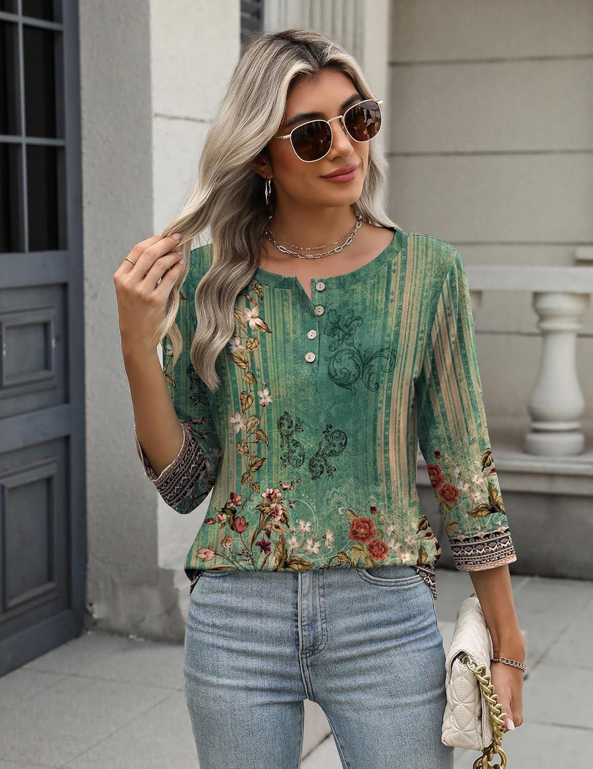 imageZeagoo 34 Length Sleeve Women Tops Crew Neck Blouses Dressy Casual Summer T Shirts Loose Fit Business Work ClothesMz808green