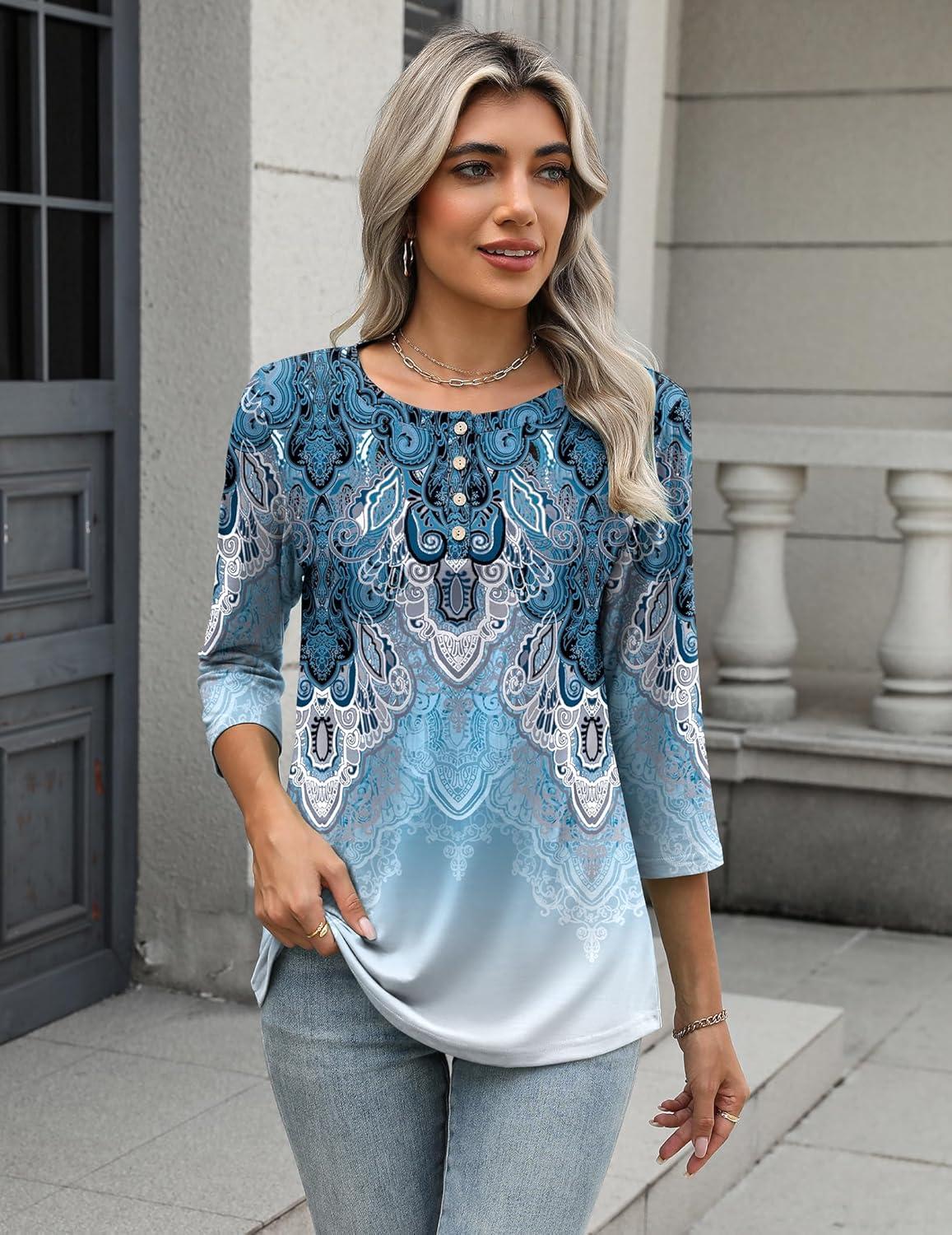 imageZeagoo 34 Length Sleeve Women Tops Crew Neck Blouses Dressy Casual Summer T Shirts Loose Fit Business Work ClothesMz837blue Green