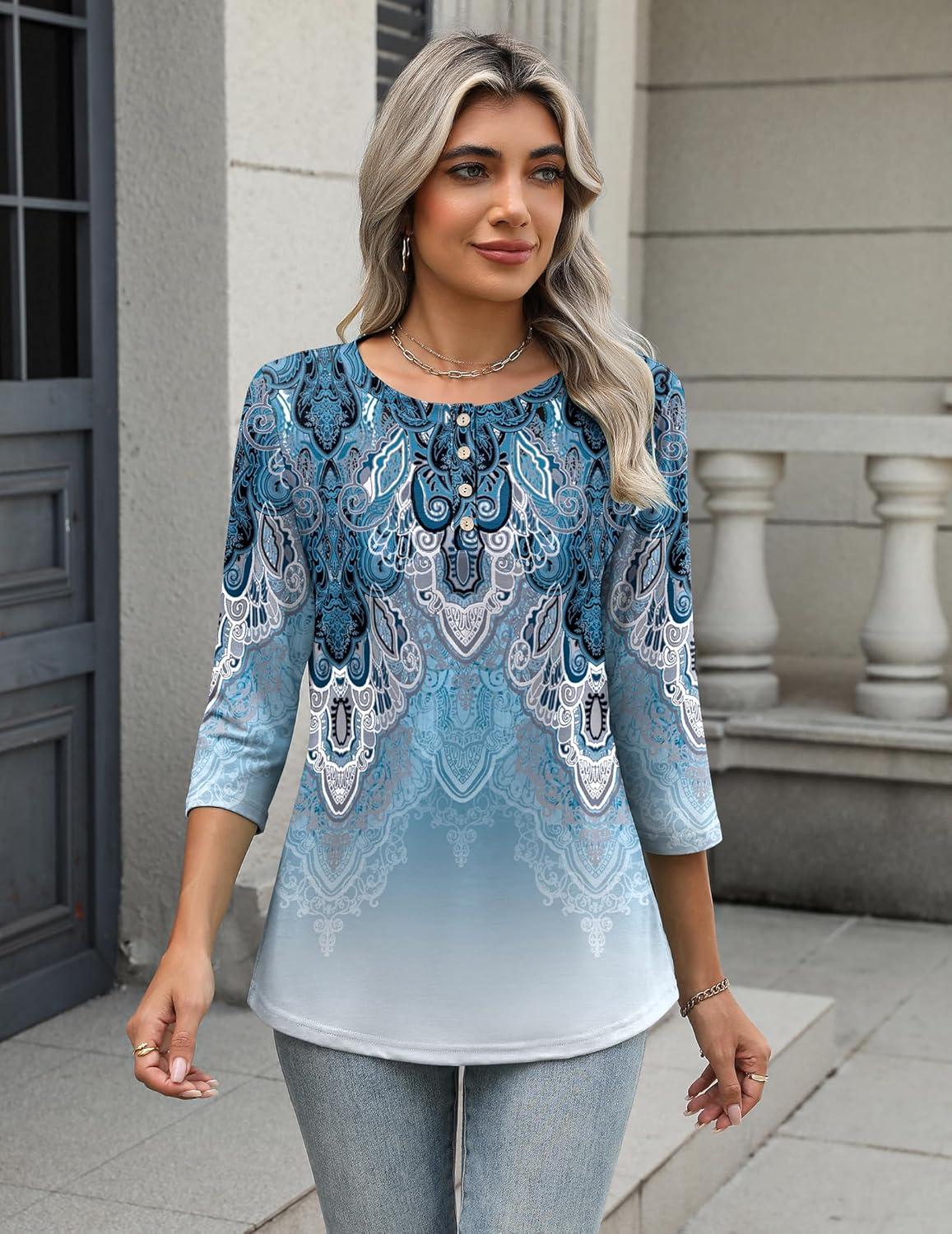 imageZeagoo 34 Length Sleeve Women Tops Crew Neck Blouses Dressy Casual Summer T Shirts Loose Fit Business Work ClothesMz837blue Green