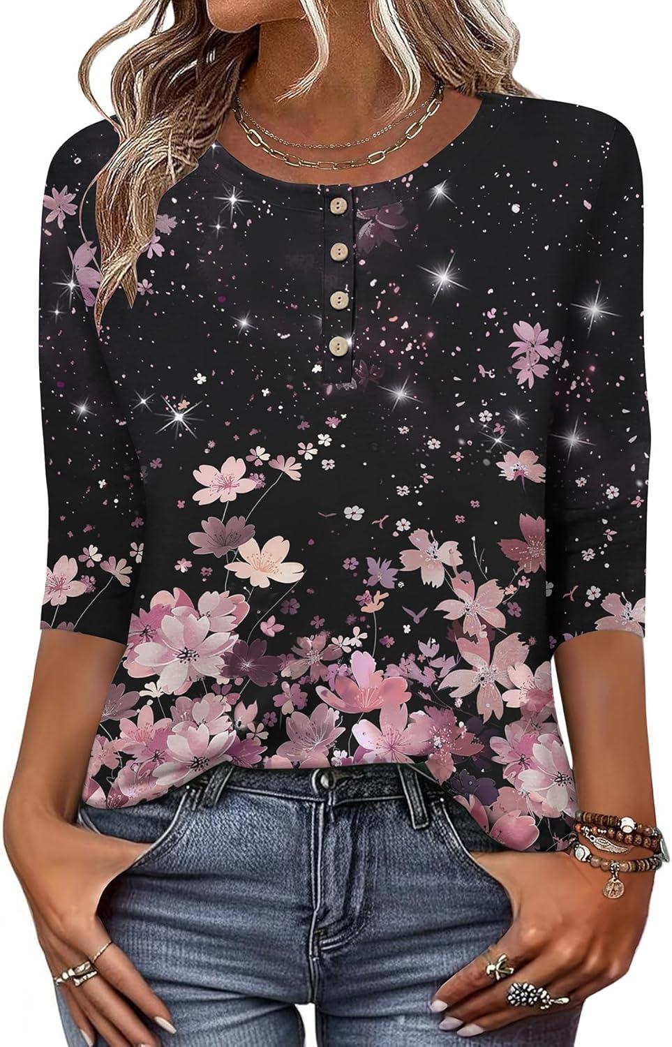 imageZeagoo 34 Length Sleeve Women Tops Crew Neck Blouses Dressy Casual Summer T Shirts Loose Fit Business Work ClothesSf31pink Flower