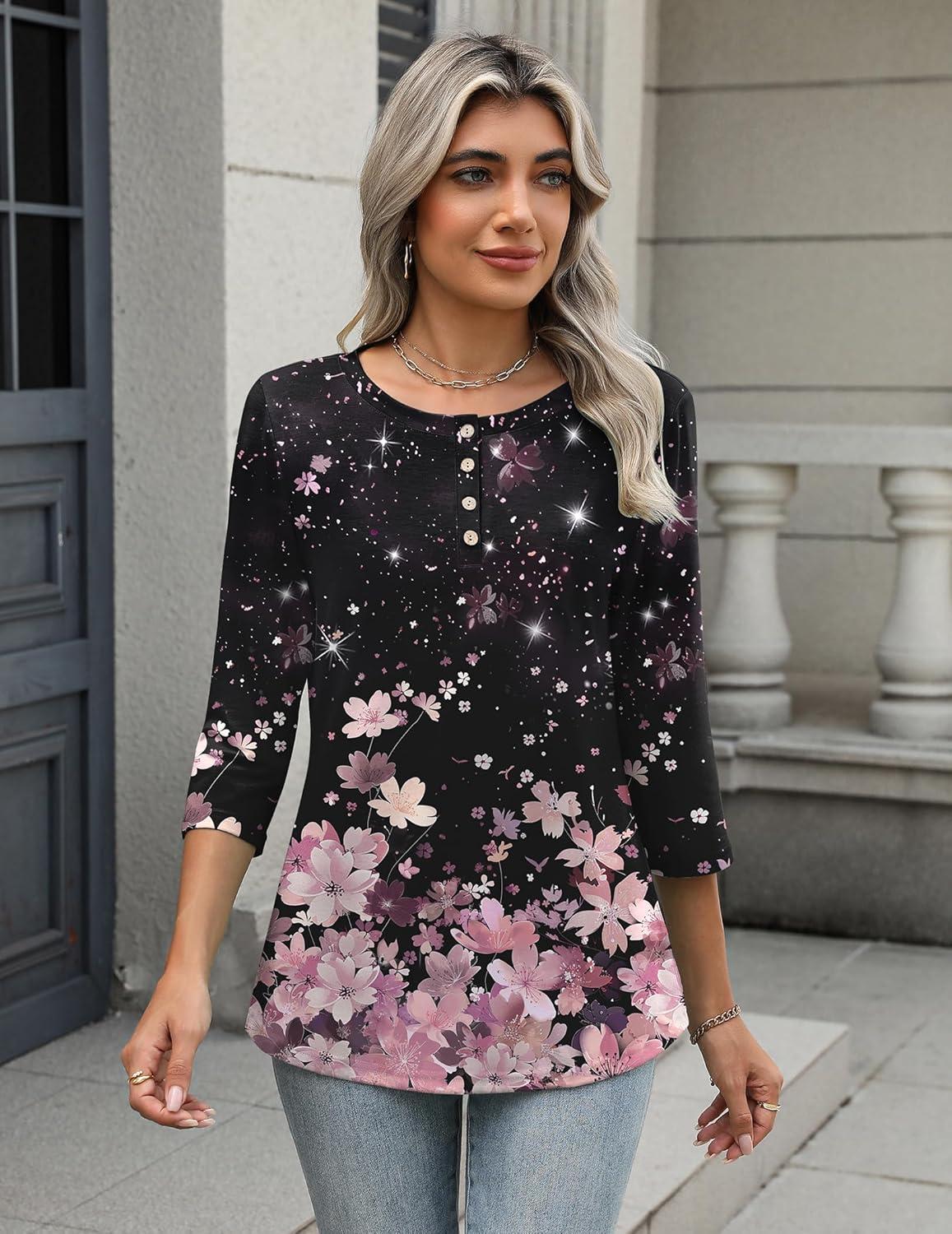 imageZeagoo 34 Length Sleeve Women Tops Crew Neck Blouses Dressy Casual Summer T Shirts Loose Fit Business Work ClothesSf31pink Flower
