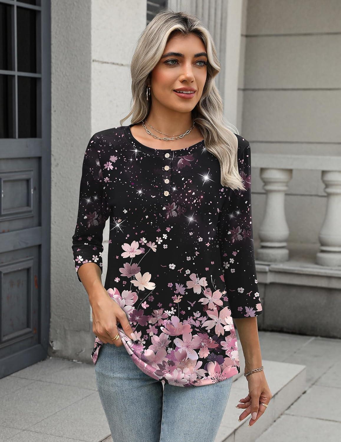 imageZeagoo 34 Length Sleeve Women Tops Crew Neck Blouses Dressy Casual Summer T Shirts Loose Fit Business Work ClothesSf31pink Flower