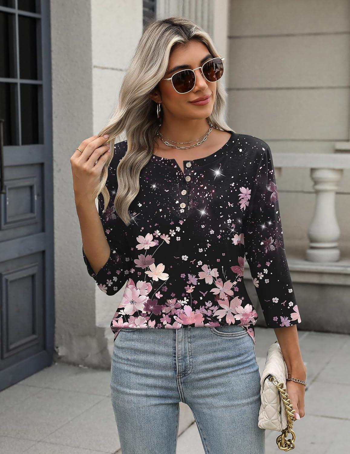 imageZeagoo 34 Length Sleeve Women Tops Crew Neck Blouses Dressy Casual Summer T Shirts Loose Fit Business Work ClothesSf31pink Flower