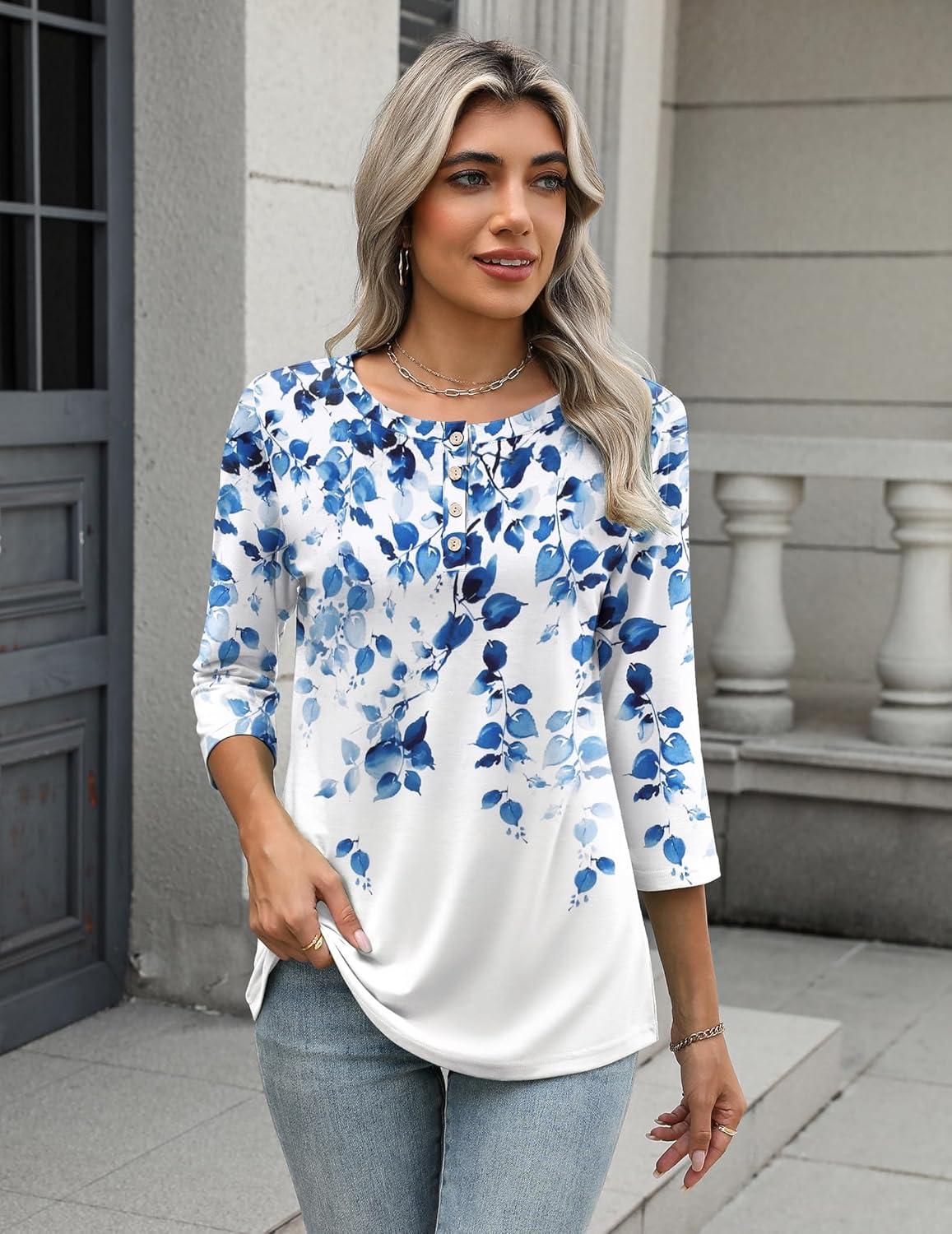 imageZeagoo 34 Length Sleeve Women Tops Crew Neck Blouses Dressy Casual Summer T Shirts Loose Fit Business Work ClothesWf41blue Leaves