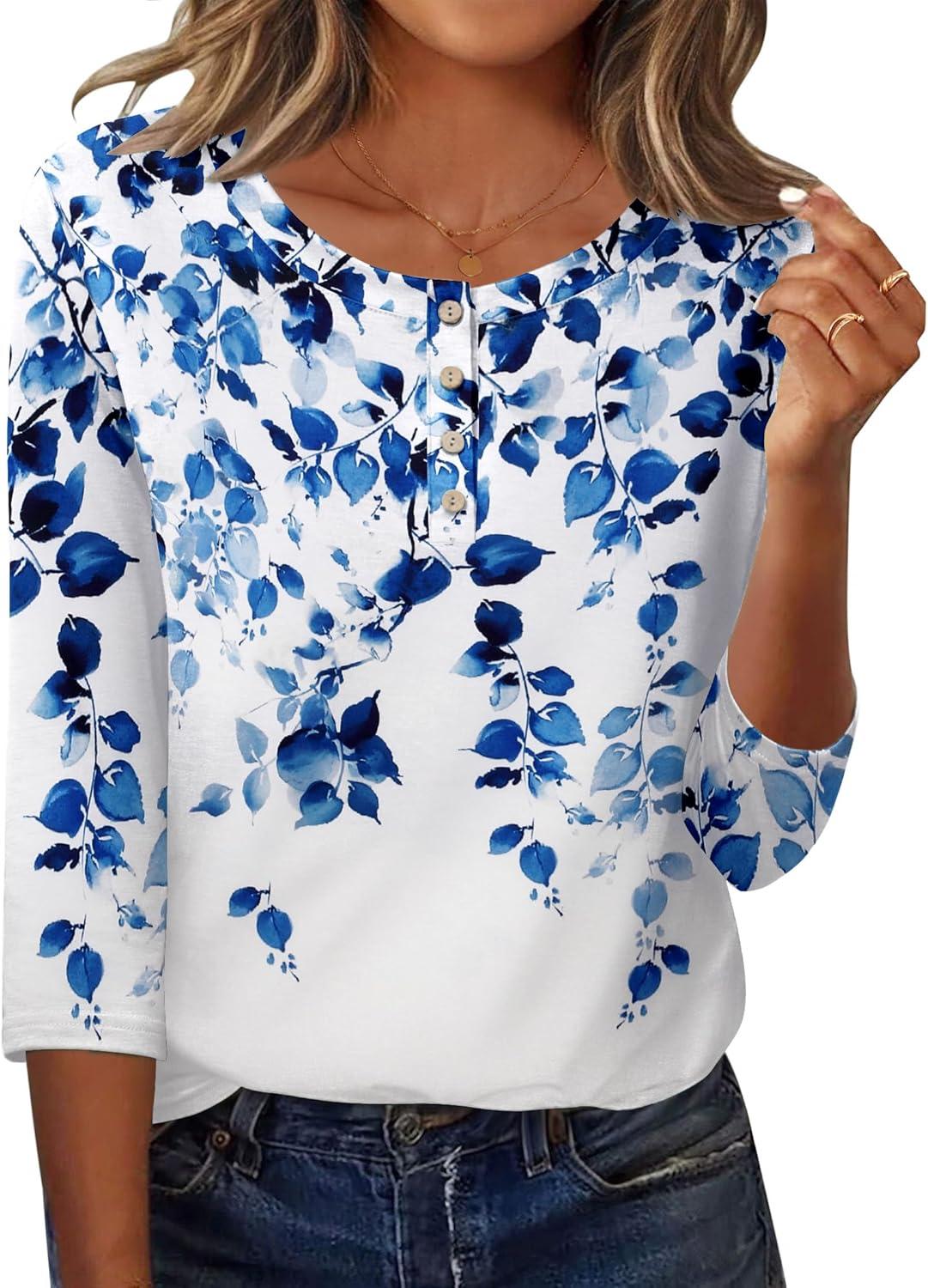 imageZeagoo 34 Length Sleeve Women Tops Crew Neck Blouses Dressy Casual Summer T Shirts Loose Fit Business Work ClothesWf41blue Leaves
